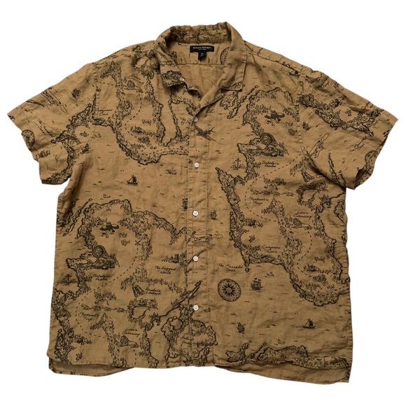 Banana Republic Shirt Mens XL Hawaiian Loop Collar Linen World Map Print Brown - Picture 1 of 5